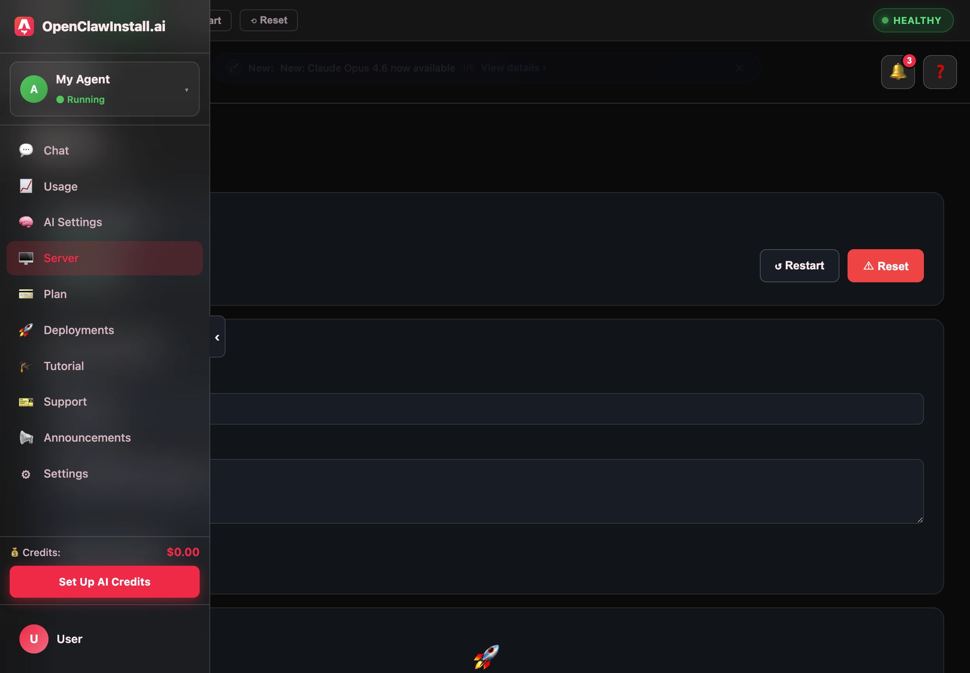 Server tab showing Restart button